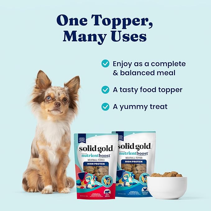Solid Gold Meatball Dog Food Toppers for Dry Food - High Protein Chicken Meatball Topper for Dogs - Complete Meal, Meal Mix in or Soft Dog Treats - Gut Support - 3 Pack *Refrigerate After Opening*