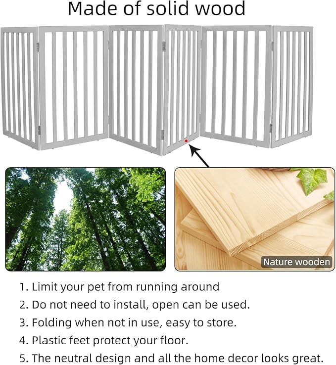 ZJSF Freestanding Indoor Dog Gate for House Foldable Wood Grey Puppy Gate for Doorways Pet Gate for Stairs Extra Wide Pet Fence 32" Height 6 Panels