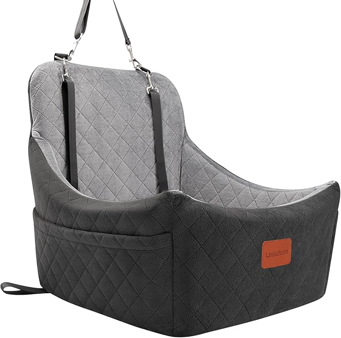 Dog Car Seat for Medium Dogs Up to 40lbs,Fully Detachable and Washable,Memory Foam Covered Soft Fabric,Easy to Install with Adjustable Straps,Anti-Slip Base,2 Side Pockets(Black/Grey,Medium)