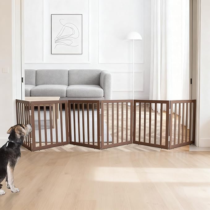 ZJSF Freestanding Indoor Dog Gate for House Foldable Wood Brown Puppy Gate for Doorways Pet Gate for Stairs Extra Wide Pet Fence 24" Height 6 Panels