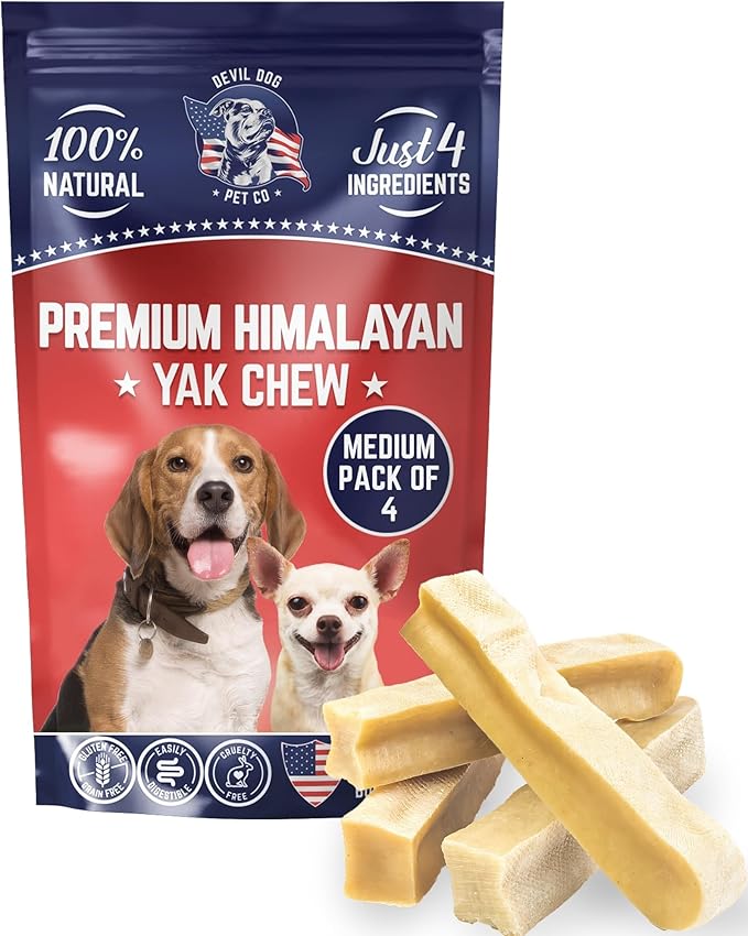 Devil Dog Pet Co. Himalayan Yak Cheese Dog Chews, Medium - 4 Pack, 100% Natural & Healthy, Lactose-Free, Long-Lasting Dog Treats, Premium Yak Milk Chew Bones for Dogs