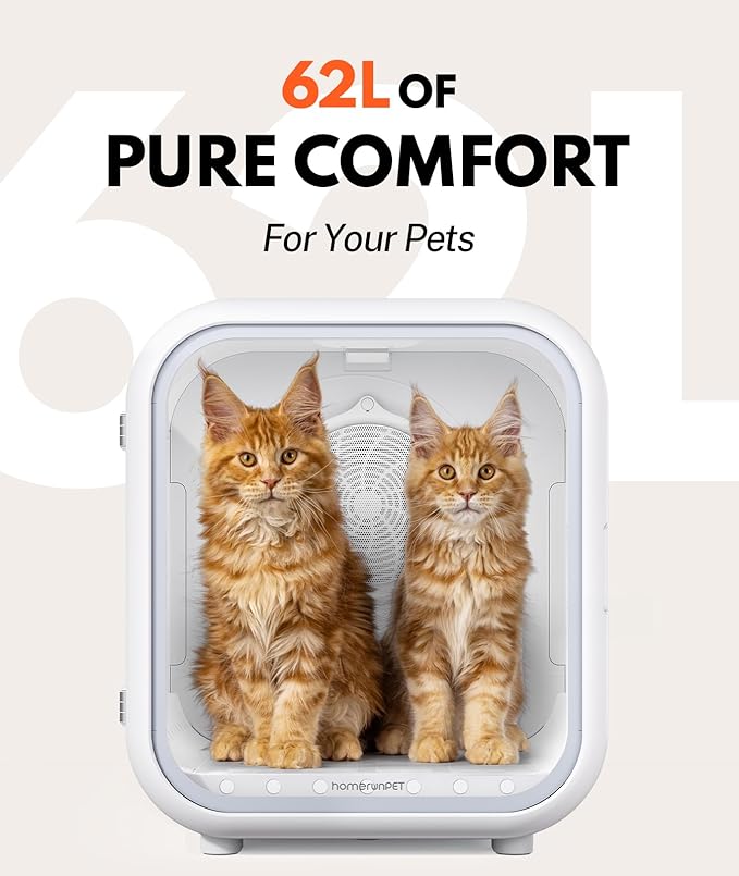 HomeRunPet Cat Dryer, 360° Efficient Automatic and Quiet Box with Smart Temperature Control, Ideal for Cats and Medium Dogs (62L Drybo Pro Pet Dryer Box)