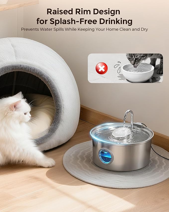 Cat Water Fountain Stainless Steel, 3.2L/108oz Pet Drinking Fountain for Cats Dogs, Automatic Cat Fountain with 2 Flow Modes, Splash-Proof Bowl, Includes 4 Replacement Filters