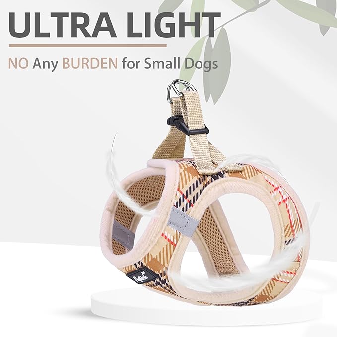 PUPTECK Dog Harness and Leash Set for Small Medium Dogs No Pull Step-in Soft Mesh Puppy Cat Vest Harnesses Reflective at Night, Plaid Pattern Beige M