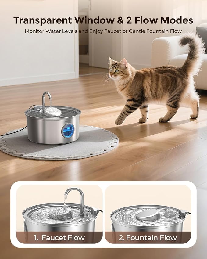 Cat Water Fountain Stainless Steel, 3.2L/108oz Pet Drinking Fountain for Cats Dogs, Automatic Cat Fountain with 2 Flow Modes, Splash-Proof Bowl, Includes 6 Replacement Filters