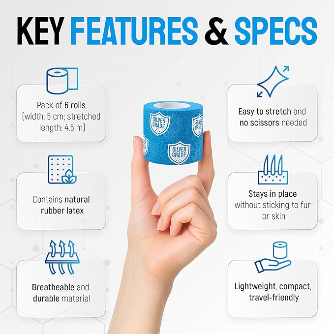 SILVER GRADE Wrap Self Adhesive Bandages 6 Rolls for Horses - 2 Inch Cohesive Pet Wrap for Dogs & Cats - Flexible & Durable First Aid Tape