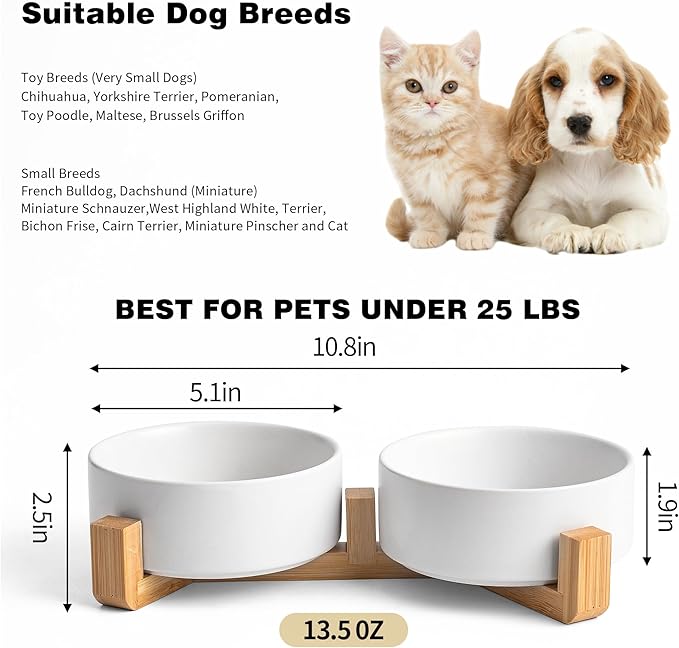 White Ceramic Dog & Cat Bowl Set – 13.5 OZ with Wooden Stand, Non-Slip, Elevated Design for Small Dogs & Cats – 2 Bowls (Food & Water, Ceramic Pet Bowls, Modern Dog Bowls)