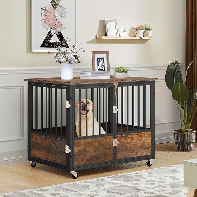 YITAHOME Rustic Heavy Duty Dog Crate Furniture with Wheels, Double-Doors Metal Dog Kennel Indoor for Small Medium Dogs, Decorative Dog House Side End Table, Chew-Resistant Wooden Dog Cage