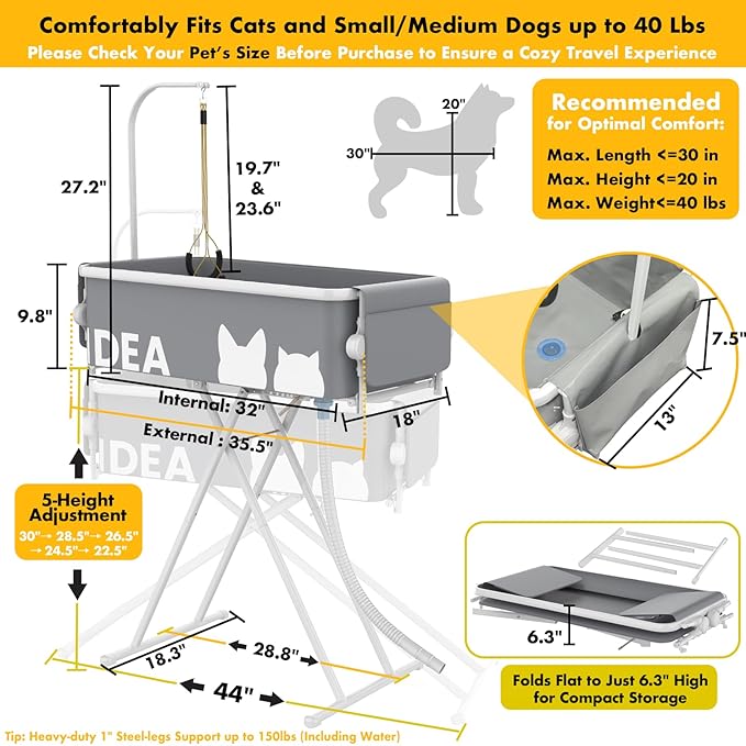 PAWZIDEA 2-in-1 Portable Dog Bathtub & Grooming Table, 33" Foldable Pet Washing Station for Small Medium Dogs Cats, Elevated Tubs for Bathing Shower Indoor Outdoor, 5 Height Adjustable, Storage Pocket