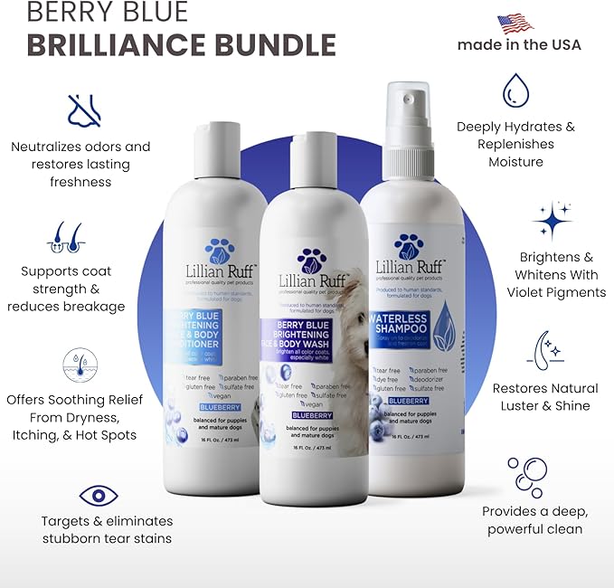 Lillian Ruff PRO Formula Berry Blue Brilliance Bundle - Ultimate Tear Stain & Odor Eliminator Set, Includes Berry Blue Shampoo, Conditioner & Waterless Shampoo, Hydrate, Soften & Detangle, USA Made