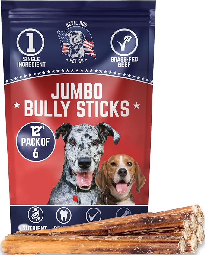 Devil Dog Pet Co. Jumbo Bully Sticks – 12 Inch, 6 Pack Dog Chews, 100% Natural, Single Ingredient, Free-Range Grass-Fed Beef – Long Lasting, Rawhide-Free Treats for Dogs
