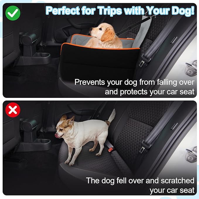 Dog Car Seat for Small/Medium Dogs Under 35lbs, Pet Booster Seat with 4In Memory Foam Cushion, Fully Detachable and Washable, Travel Dog Carseat with Storage Pocket and Safety Belt