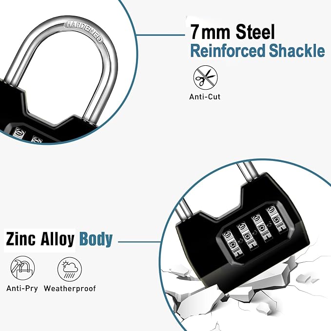 1 Pack disecu 4-Digit Combination Lock, Waterproof Outdoor Padlock for School Gym Locker, Fence, Gate, Shed, Storage Unit (Black)