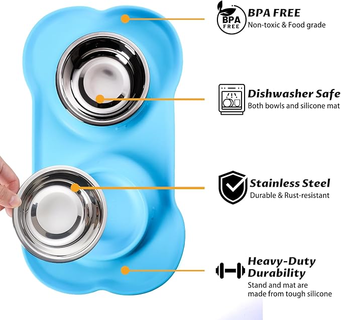 Hubulk Pet Dog Bowls 2 Stainless Steel Dog Bowl with No Spill Non-Skid Silicone Mat + Pet Food Scoop Water and Food Feeder Bowls for Feeding Small Medium Large Dogs Cats Puppies (X- Large, Turquoise)