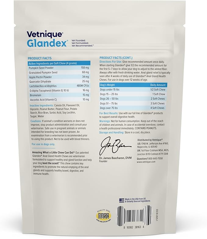 Vetnique Glandex Anal Gland Soft Chew Treats with Pumpkin for Dogs Digestive Enzymes, Probiotics Fiber Supplement for Dogs Boot The Scoot (30ct, Peanut Butter Chews) (Pack of 2)