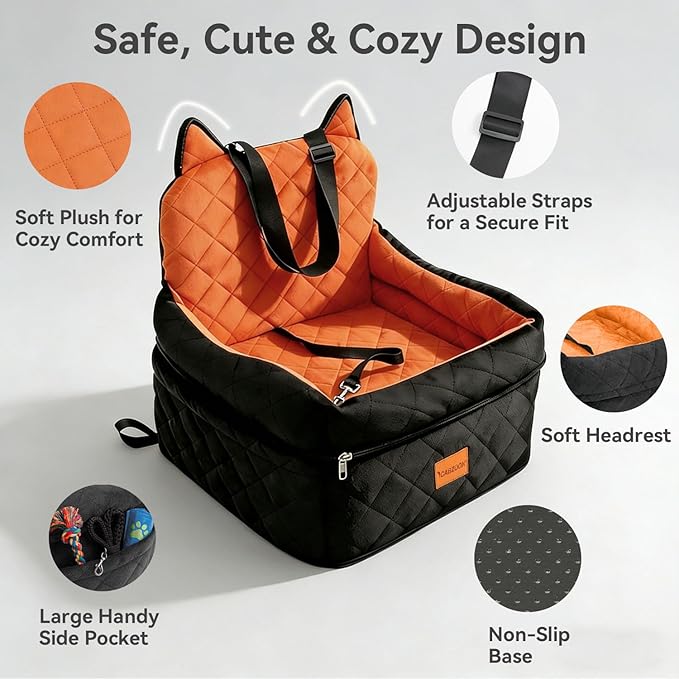 Dog Car Seat for Small/Medium Dogs Up to 35lbs,Elevated Cushion Fits in Front/Back Seat,Travel Safety Per Car Bed with Washable Removable Cover, Storage 2 Pockets Black-Orange