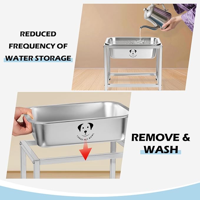 0.85 Gallon Elevated Large Dog Water Bowl, 10.23" Raised Stainless Steel Bowl for Medium Large Breed, Elevated Dog Water Bowl with Full Metal Stand, Easy to Clean and Assemble for Indoor Outdoor