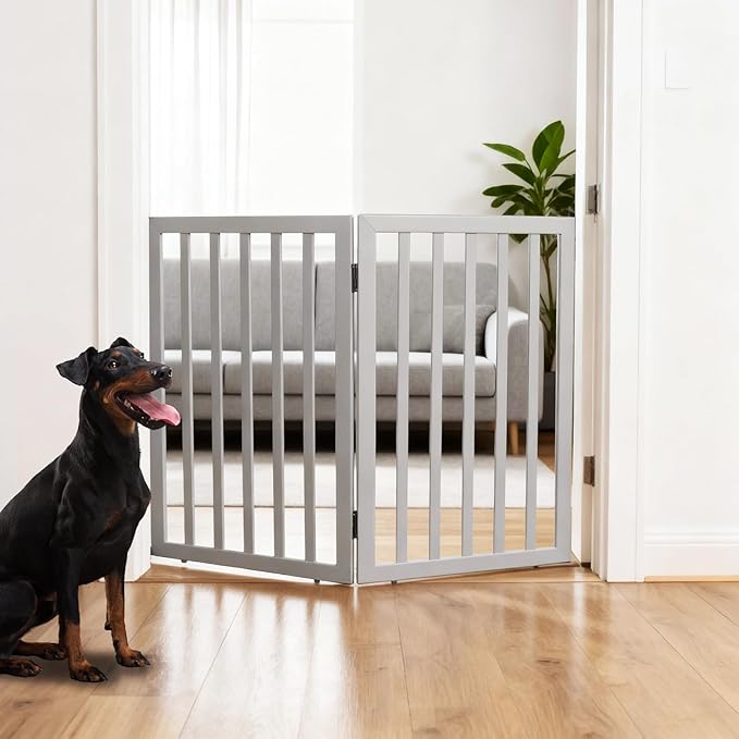 ZJSF Freestanding Indoor Dog Gate for House Foldable Wood Grey Puppy Gate for Doorways Pet Gate for Stairs Extra Wide Pet Fence 32" Height 2 Panels
