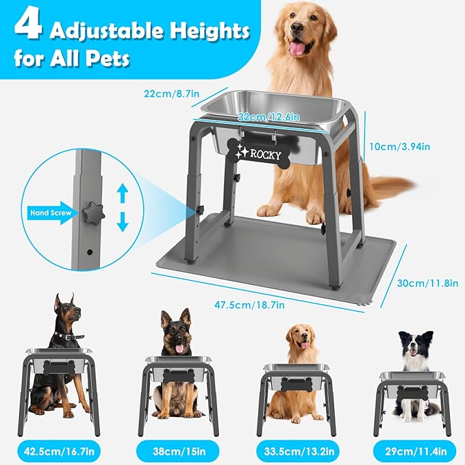 1.2 Gallon Elevated Large Dog Water Bowl with Mat, 4 Height Adjustable 12-17", Raised Dog Water Bowl Stand for Large Breed