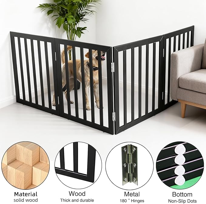 ZJSF Freestanding Indoor Dog Gate for House Foldable Wood Black Puppy Gate for Doorways Pet Gate for Stairs Extra Wide Pet Fence 32" Height 4 Panels