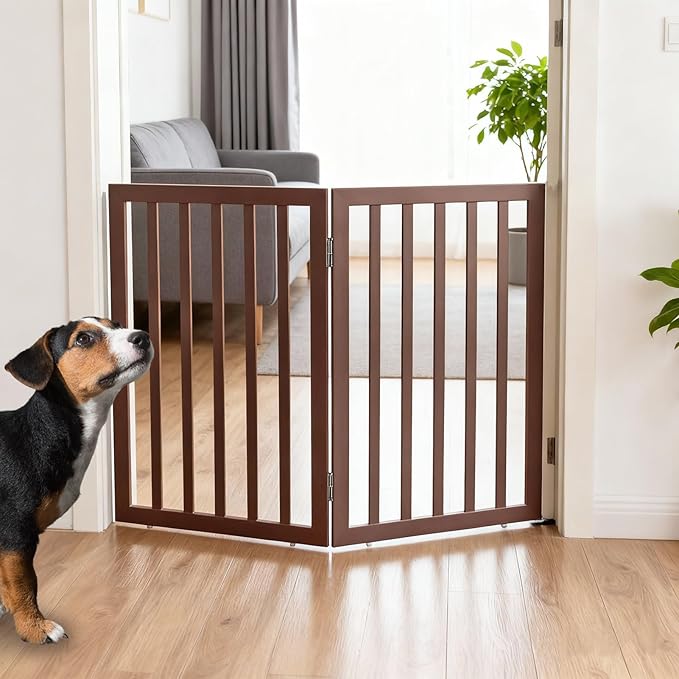 ZJSF Freestanding Indoor Dog Gate for House Foldable Wood Brown Puppy Gate for Doorways Pet Gate for Stairs Extra Wide Pet Fence 32" Height 2 Panels