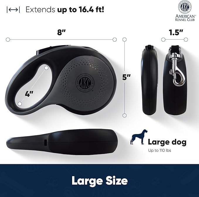 American Kennel Club Retractable Dog Leash, 16.4ft, Tangle-Free, Ergonomic Grip, One-Hand Brake, for Medium & Large Dogs up to 110 lbs