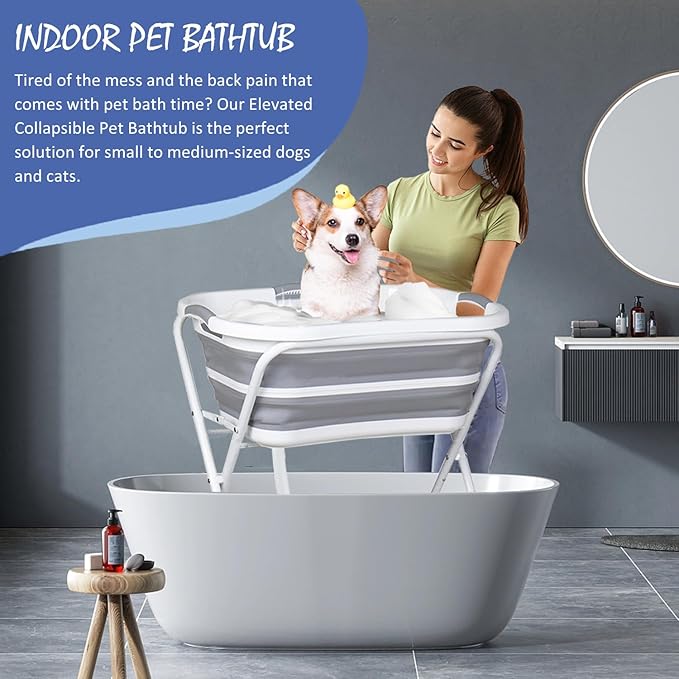 2 in 1 Elevated Dog Bath Tub & Foldable Washing Station with Stand, Portable Pet Bathtub for Small Medium Dogs & Cats, Raised Pet Shower Tub with Safety Collar & Drain Plug & Brushes