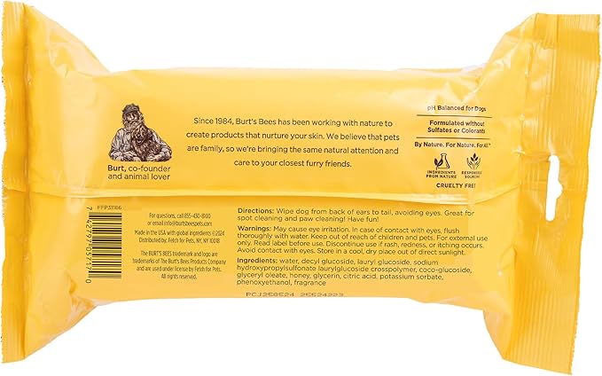 Burt's Bees for Pets Multipurpose Dog Wipes with Honey, Grapefuit Fragrance, 98% Natural Origin Formulas, Hypoallergenic Dog Wipes Cleaning, Dog Cleaning Wipes, Dog Wipes for Paws and Butt, 100ct