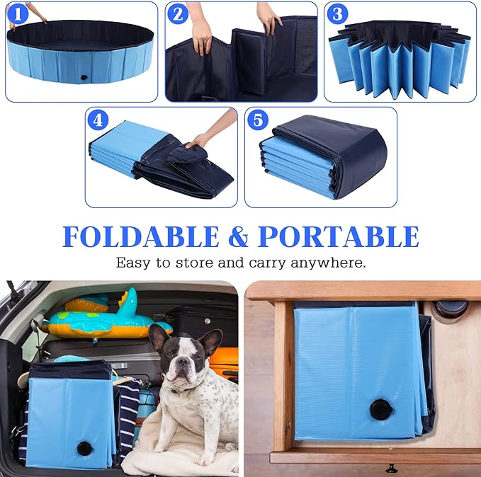 Foldable Dog Pool, Portable Pet Bath Tub and Kiddie Swimming Pool, Collapsible Bathtub for Puppies, Small, Medium and Large Dogs, Cats and Kids, 55 x 12 in, Blue
