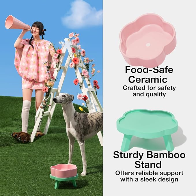 VETRESKA Elevated Dog Bowls Large, 64OZ Ceramic Raised Dog Bowl with Bamboo Stand, Flower-Shaped Food Water Bowl, Pet Feeding Dish Bowls for Medium/Large Dogs and Cats