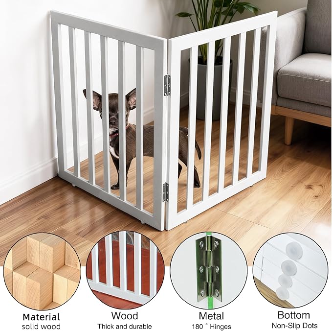 ZJSF Freestanding Indoor Dog Gate for House Foldable Wood White Puppy Gate for Doorways Pet Gate for Stairs Extra Wide Pet Fence 32" Height 2 Panels