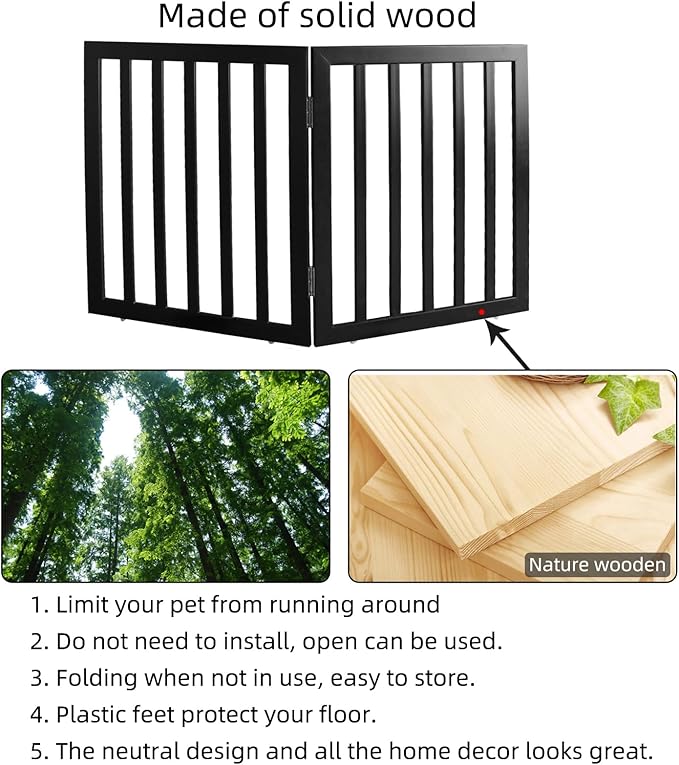ZJSF Freestanding Indoor Dog Gate for House Foldable Wood Black Puppy Gate for Doorways Pet Gate for Stairs Extra Wide Pet Fence 24" Height 2 Panels
