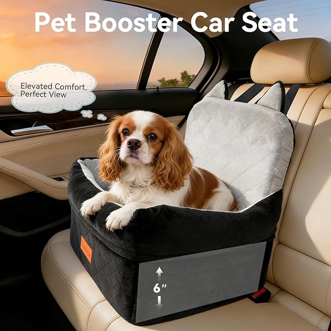Dog Car Seat for Small/Medium Dogs Up to 35lbs,Elevated Cushion Fits in Front/Back Seat,Travel Safety Per Car Bed with Washable Removable Cover, Storage 2 Pockets Black-Grey