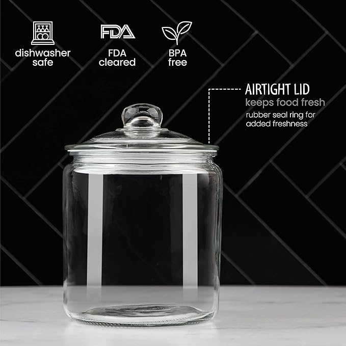 1 Gallon Glass Cookie Jar with Lid – Glass Jar with Lid - Airtight Food Storage Container for Cookies, Candy, Flour, Dog Treats – Clear Large Kitchen Jar for Pantry or Laundry Room