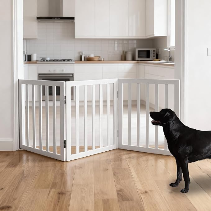 ZJSF Freestanding Indoor Dog Gate for House Foldable Wood White Puppy Gate for Doorways Pet Gate for Stairs Extra Wide Pet Fence 24" Height 3 Panels
