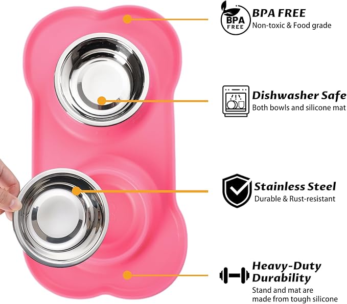 Hubulk Pet Dog Bowls 2 Stainless Steel Dog Bowl with No Spill Non-Skid Silicone Mat + Pet Food Scoop Water and Food Feeder Bowls for Feeding Small Medium Large Dogs Cats Puppies (S, Pink)