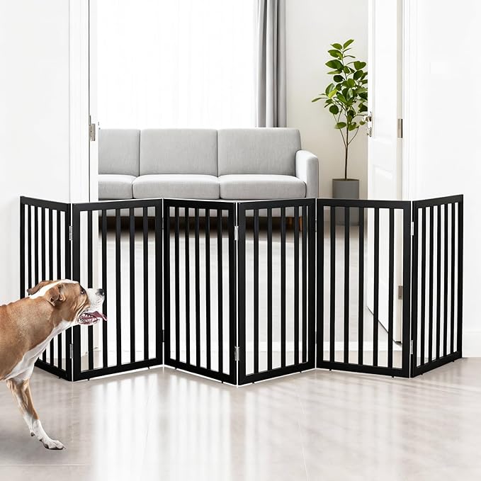ZJSF Freestanding Indoor Dog Gate for House Foldable Wood Black Puppy Gate for Doorways Pet Gate for Stairs Extra Wide Pet Fence 32" Height 6 Panels