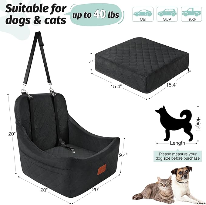 Dog Car Seat for Medium Dogs Up to 40lbs,Fully Detachable and Washable,Memory Foam Covered Soft Fabric,Easy to Install with Adjustable Straps,Anti-Slip Base,Two Side Pockets(Black,Medium)