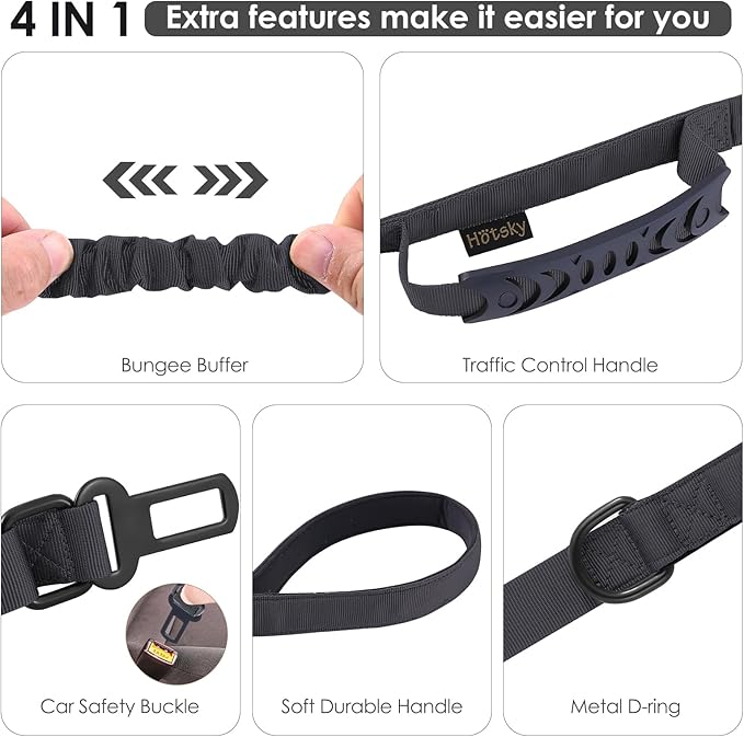 Hotsky Tactical Dog Leash Heavy Duty for Medium Large Dogs That Pull,4-6Ft Strong Bungee Shock Absorbing No Pull Dog Leash with Padded Double Handle and Car Seatbelt,Black