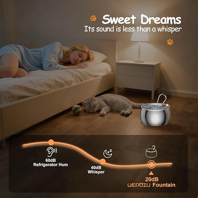 Cat Water Fountain Stainless Steel -2.5L/84oz Gooseneck Kitty Cat Fountain for Drinking Spout - Pet Water Fountain for Cats Inside - Quiet Automatic Cats Water Bowl Dispenser - for Pets& Small Dog