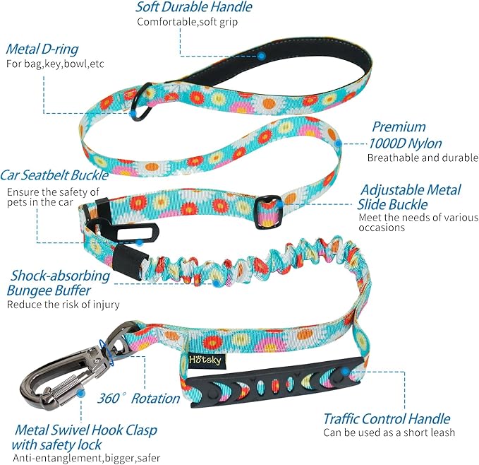 Hotsky Tactical Dog Leash Heavy Duty for Medium Large Dogs That Pull,4-6Ft Strong Bungee Shock Absorbing No Pull Dog Leash with Padded Double Handle and Car Seatbelt,Daisy
