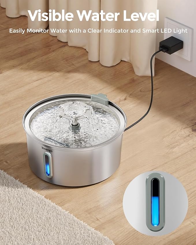 Cat Water Fountain Stainless Steel, 3.2L/108oz Pet Drinking Fountain for Cats Dogs, Automatic Cat Fountain with 2 Flow Modes, Splash-Proof Bowl, Includes 8 Replacement Filters