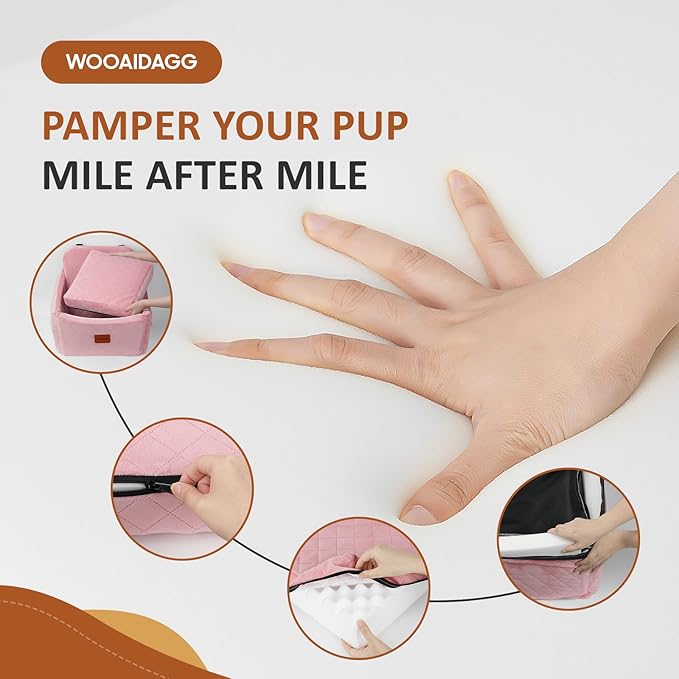 Dog Car Seat for Medium Dogs, Pet Travel Bed with Seat Belt Channel, Fully Detachable and Washable, 3 Straps Easy to Install (Pink)