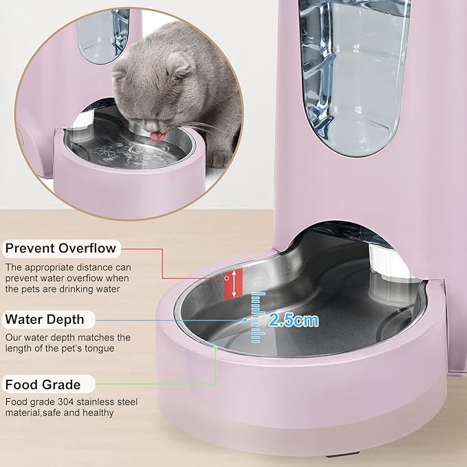 2 Pack Automatic Cat Feeder and Stainless Steel Water Dispenser, Gravity Dog Waterer Set Food Feeder and Waterer Set for Small Medium Kitten Puppy Pets(1 Gallon x 2, Violet)