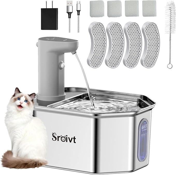 Cat Water Fountain Stainless Steel - cat Fountain - Water Fountains for Cats - pet Water Fountain - Dog Water Fountain - Stainless Steel cat Water Fountain Cordless - 88oz/2.6L,4Filters