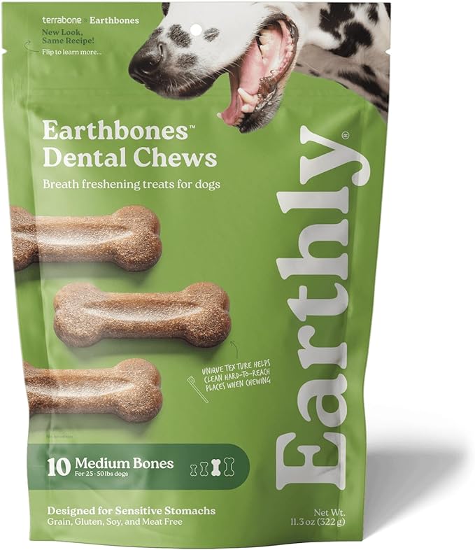 Earthbones (Formerly Terrabones) Dental Chews, Dog Teeth Cleaning Treat, USA Made, Medium, 10 Treats