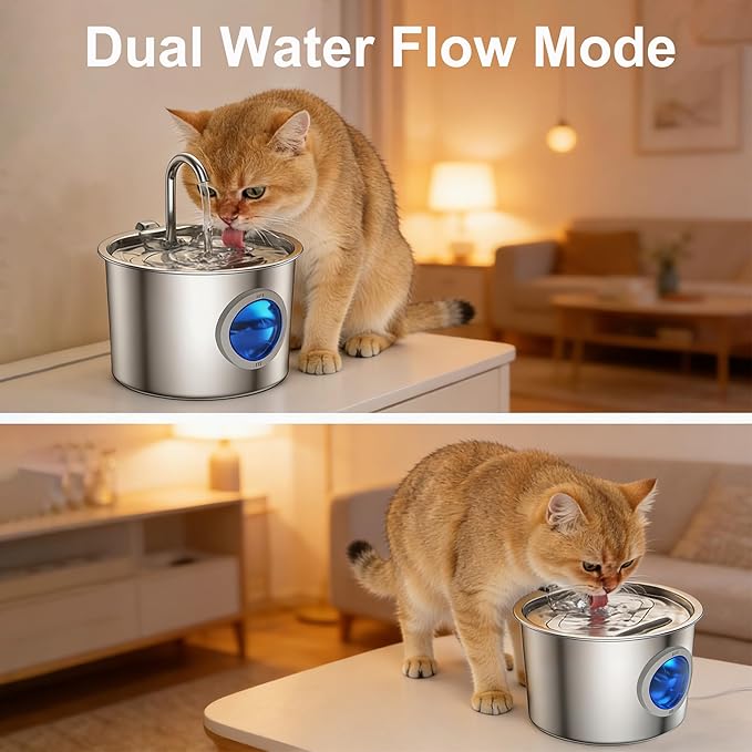Cat Water Fountain Advanced 304 Stainless Steel 2.2L/74oz with Detachable Tank, Easy to Clean, Automatic Pet Fountain Quiet Cats Water Dispenser, Dogs (74oz Cat Fountain)