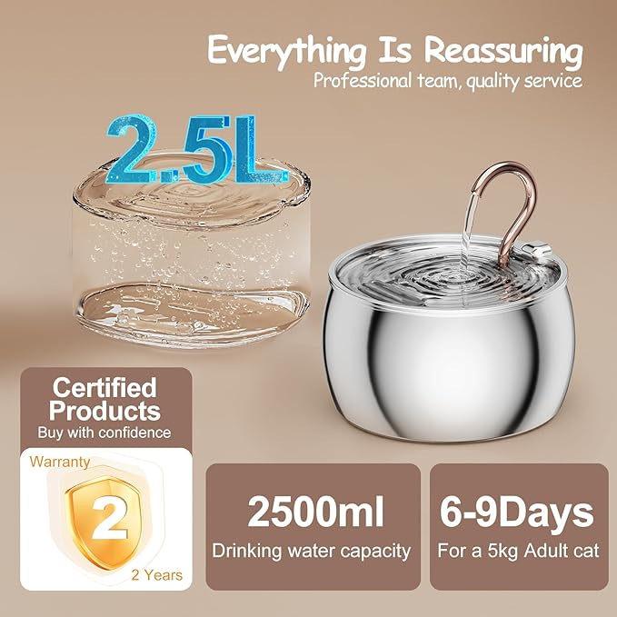 Cat Water Fountain Stainless Steel -2.5L/84oz Gooseneck Kitty Cat Fountain for Drinking Spout - Pet Water Fountain for Cats Inside - Quiet Automatic Cats Water Bowl Dispenser - for Pets& Small Dog