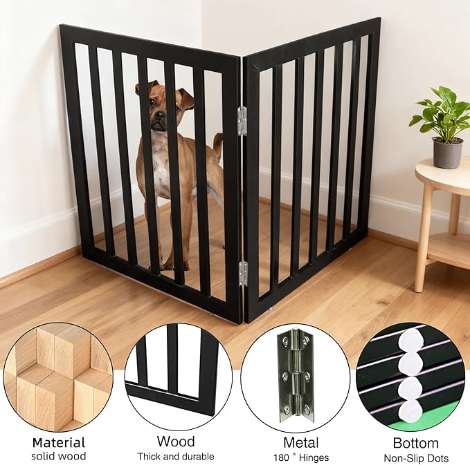 ZJSF Freestanding Indoor Dog Gate for House Foldable Wood Black Puppy Gate for Doorways Pet Gate for Stairs Extra Wide Pet Fence 24" Height 2 Panels