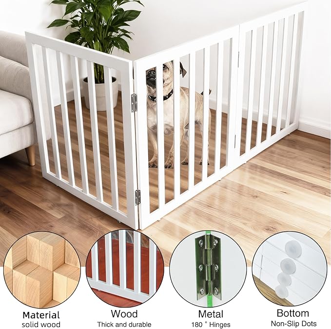 ZJSF Freestanding Indoor Dog Gate for House Foldable Wood White Puppy Gate for Doorways Pet Gate for Stairs Extra Wide Pet Fence 24" Height 3 Panels